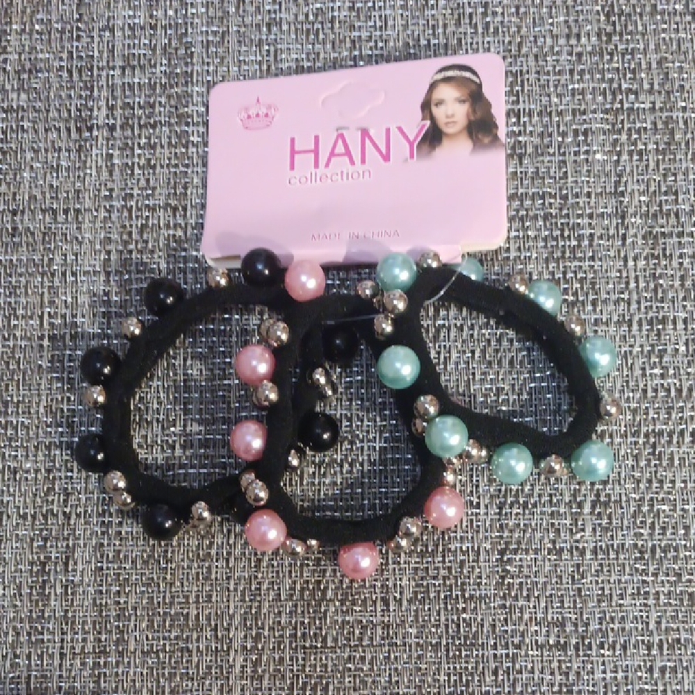 Collection Black Hair Ties with Pink and Green Beads